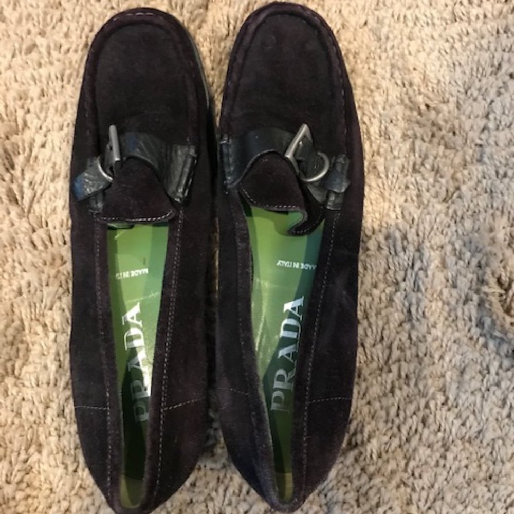 Black suede Prada Loafers with buckles, 36 1/2